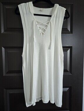 L*Space Sleeveless Lace-Up Knit Hoodie Swim Cover Up- White Size M